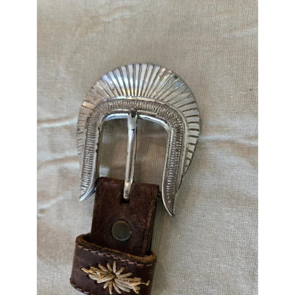 Vintage Belt Leather Beaded Leegin Montana Silvertone Brass Buckle Western